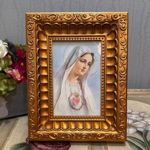 Vintage Framed Devotional Print Immaculate Heart of Mary Ornate Gold Frame